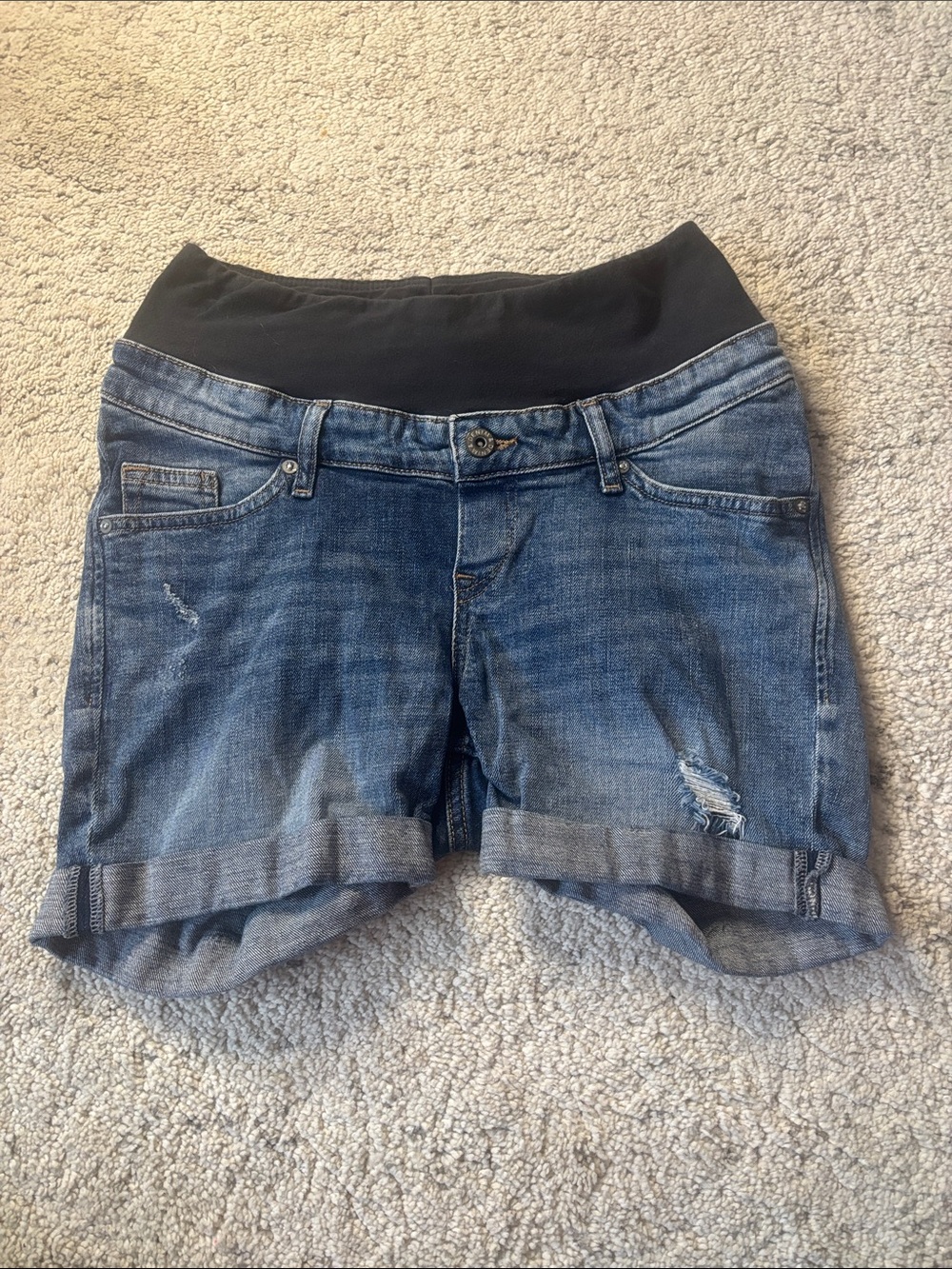 H&M Maternity Blue Distressed Denim Cuffed Shorts with Black Stretch Waistband
